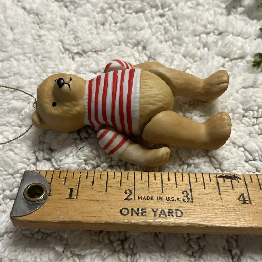 Vintage Jointed Ceramic Teddy Bear Ornament Striped Red White Preppy Nautical